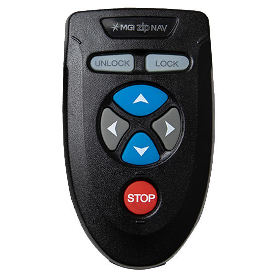 A black remote control with buttons labeled 'UNLOCK', 'LOCK', directional arrows, and a red 'STOP' button.